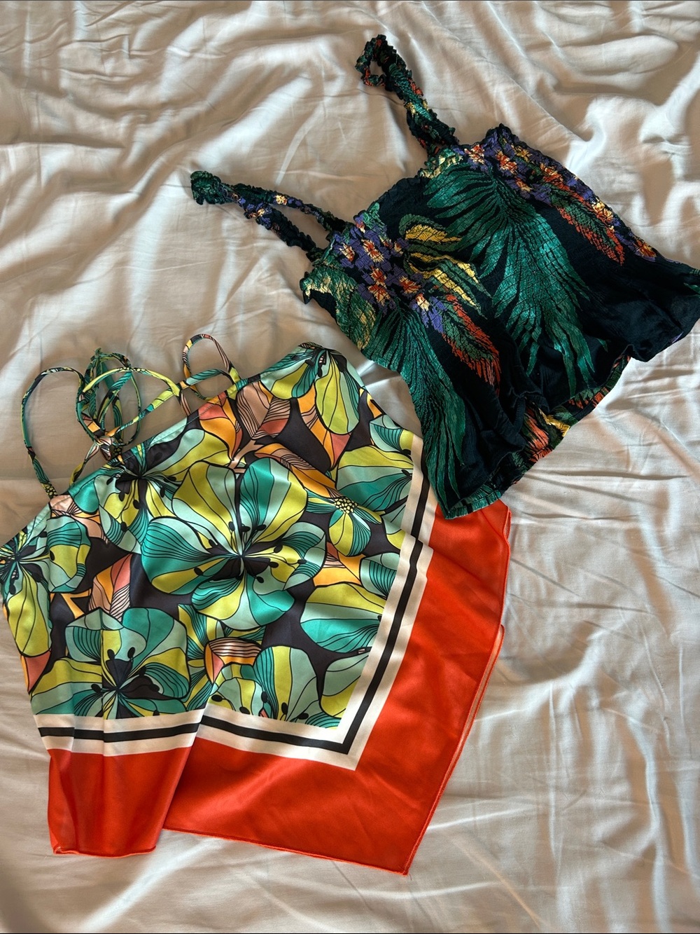 Lot of 2 - satin scarf V shape top + Tropical Green Smocked Cami Set